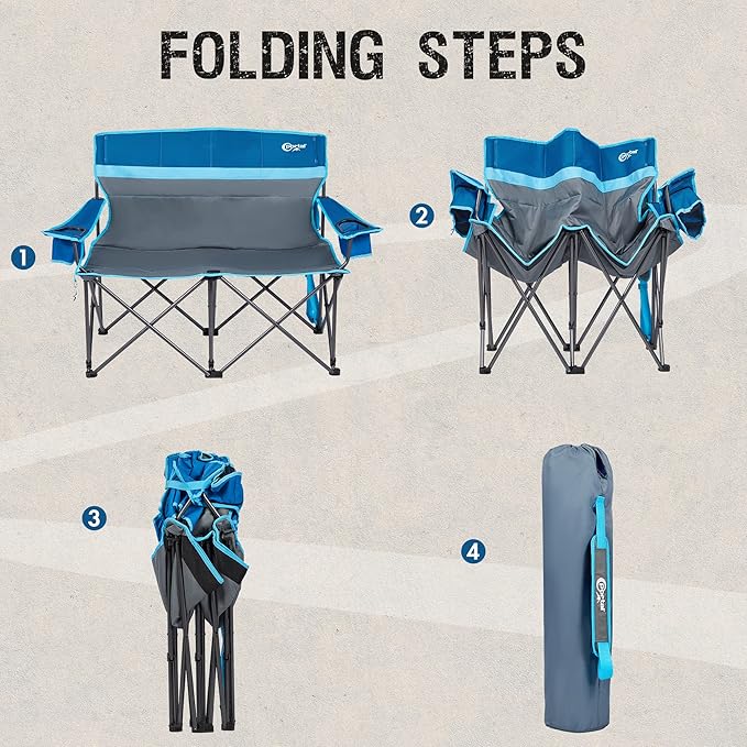 Portal 2 Person Camping Loveseat Folding Double Duo Camp Chair for Adults High Back Outdoor, Support 500 lbs, Blue