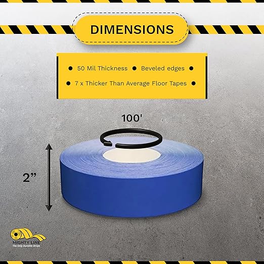 Mighty Line UltraLine Solid Floor Marking Tape for Safety, Caution, Warning, Heavy-Duty, Peel and Stick Adhesive, Beveled Edge Design, Industrial Quality, 2 Inch, 100' Roll, Blue