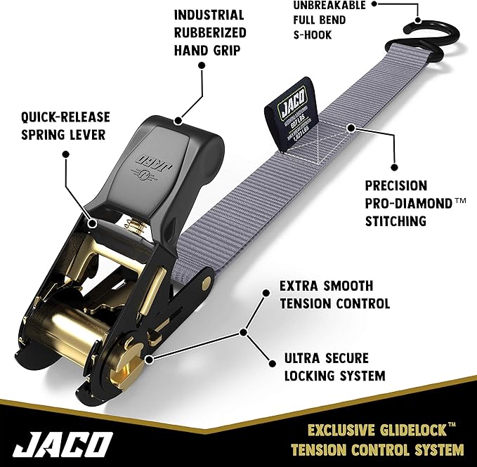 JACO Ratchet Tie Down Straps - 1 inch x 15 ft (Pack of 4) | 1,823 lbs (Grey)