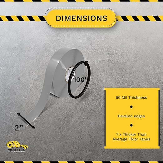 Mighty Line Solid Floor Marking Tape for Safety, Caution, Warning, Heavy-Duty, Peel and Stick Adhesive, Beveled Edge Design, Industrial Quality, 2 inch, 100' Roll, Gray