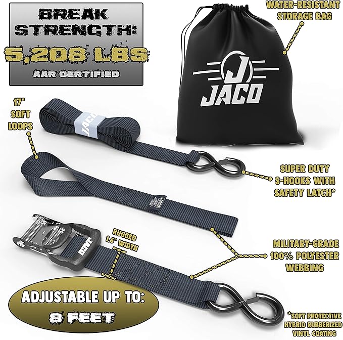 JACO Heavy Duty Ratchet Straps - 1.6 inch x 8 ft (Pack of 4) | Tie Down Kit with Soft Loops - 5,208 lbs (Black)