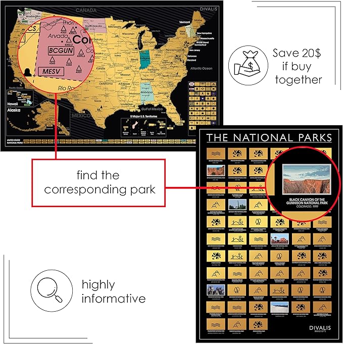 2 in 1 Gift Set - Scratch off US Map and 63 National Parks Poster - 24x16 Easy to Frame Scratchable United States of America Posters - Globetrotters Wall Map - Black and Gold Travel Tracker