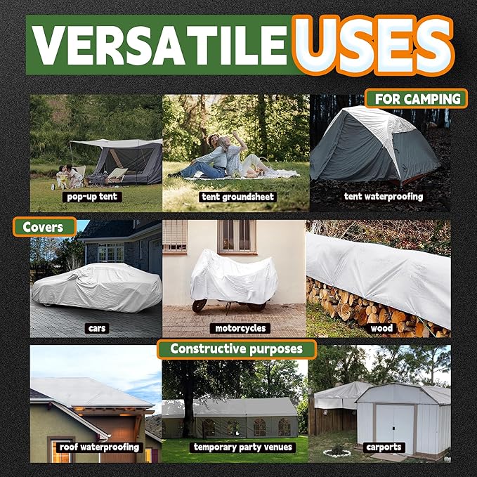 RAINDEWAY Tarps 10x12 Feet Tarp Waterproof,7Mil Thick,Finished Size,UV Resistant,Multipurpose Poly Tarp Cover with Metal Grommets and Reinforced Edges,White Tarps