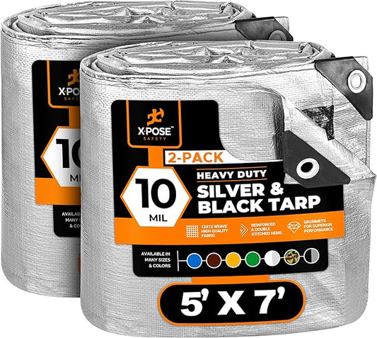 Heavy Duty Poly Tarp - 5' x 7' (2-Pack) - 10 Mil Thick Waterproof, UV Blocking Protective Cover - Reversible Silver and Black - Laminated Coating - Grommets - by Xpose Safety