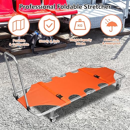 Folding Stretcher for Medical Emergency with Trolley 4 Wheels and Straps, Aluminum Alloy Portable Emergency Medical Stretcher for Hospital, Clinic, Home, Sports Venues, Ambulance