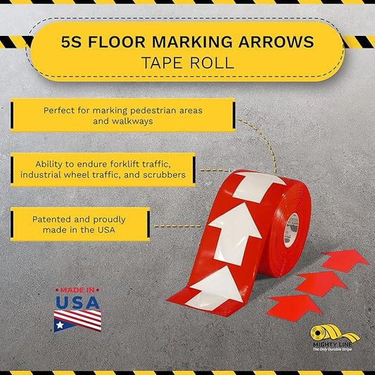 Mighty Line 5.5" Wide Solid Arrows Roll, Directional Sticker Sign Floor Marking Tape for Safety, Caution, Warning, Heavy-Duty, Peel and Stick, Adhesive, Industrial Quality, Red, Pack of 200