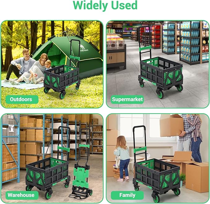 Folding Hand Truck, 330 LB Heavy Duty Dolly Cart with Foldable Basket, Foldable Hand Truck with Bungee Rope, Rubber Wheels and Retractable Handle for Luggage, Travel, Moving, Office, Green