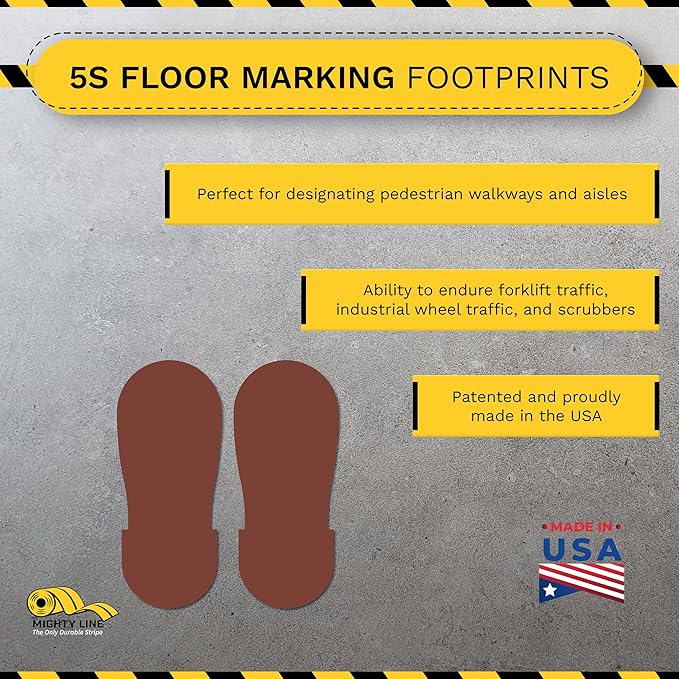 Mighty Line Big Footprints Floor Marking Tape for Safety, Caution, Warning, Heavy-Duty, Peel and Stick, Adhesive, Industrial Quality, 12" Long x 5" Wide, Brown, Pack of 50