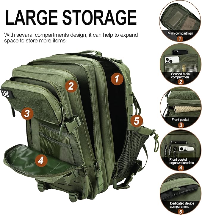 LHI Tactical Military Backpack for Men 25L/45L Large Molle Army Assault Pack 3 Day Hiking Rucksack With Bottle Holder