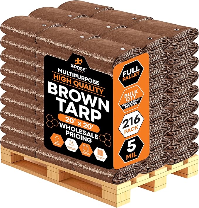 Multipurpose Protective Cover Brown Poly Tarp 20' x 20' - Bulk Full Pallet (216 Pack) Durable, Water Resistant, Weather Resistant - 5 Mil Thick Polyethylene - by Xpose Safety