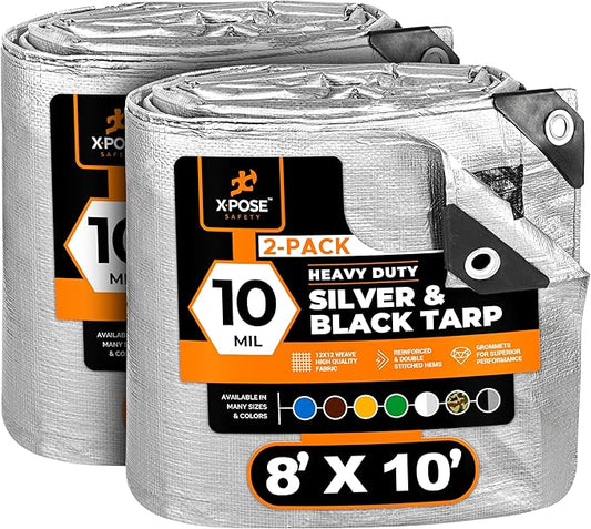 Heavy Duty Poly Tarp - 8' x 10' (2-Pack) - 10 Mil Thick Waterproof, UV Blocking Protective Cover - Reversible Silver and Black - Laminated Coating - Grommets - by Xpose Safety