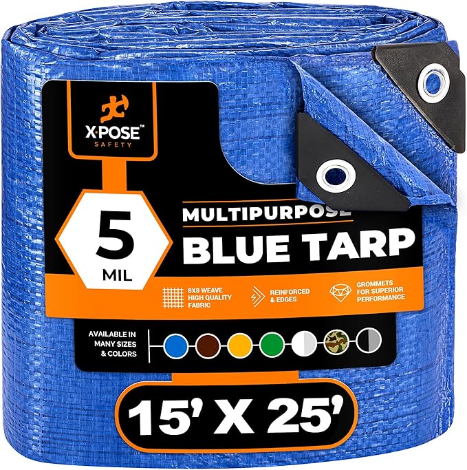Better Blue Poly Tarp 15' x 25' - Multipurpose Protective Cover - Lightweight, Durable, Waterproof, Weather Proof - 5 Mil Thick Polyethylene - by Xpose Safety