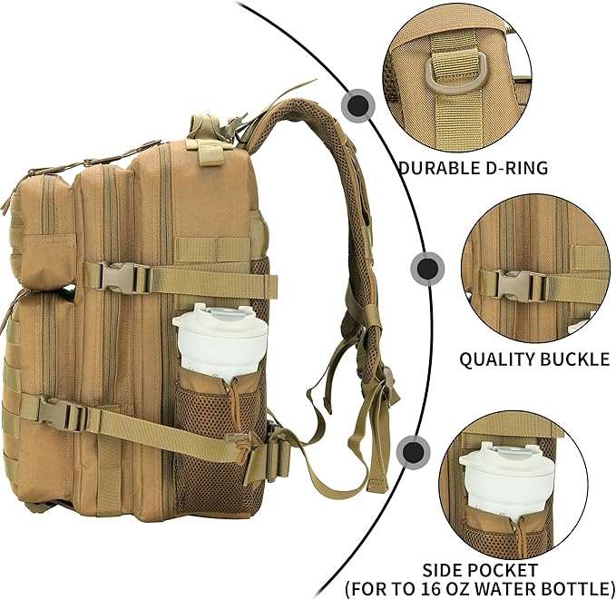 25L Military Tactical Backpack Small Assault Pack Molle Daypack for Men and Women for Work Travel Gym Outdoor Hiking Camping (Khaki)