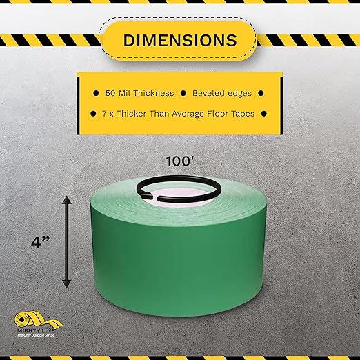 Mighty Line UltraLine Solid Floor Marking Tape for Safety, Caution, Warning, Heavy-Duty, Peel and Stick Adhesive, Beveled Edge Design, Industrial Quality, 4 Inch, 100' Roll, Green