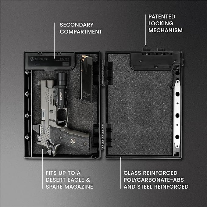 STOPBOX Gun Safe Alternative - Tactical Handgun Storage, Instant Access Portable Gun Case, TSA Compliant Gun Lock Box for Quick Handgun Access| FLAG CAMO + BLACK (2 Pack) | Compact Only