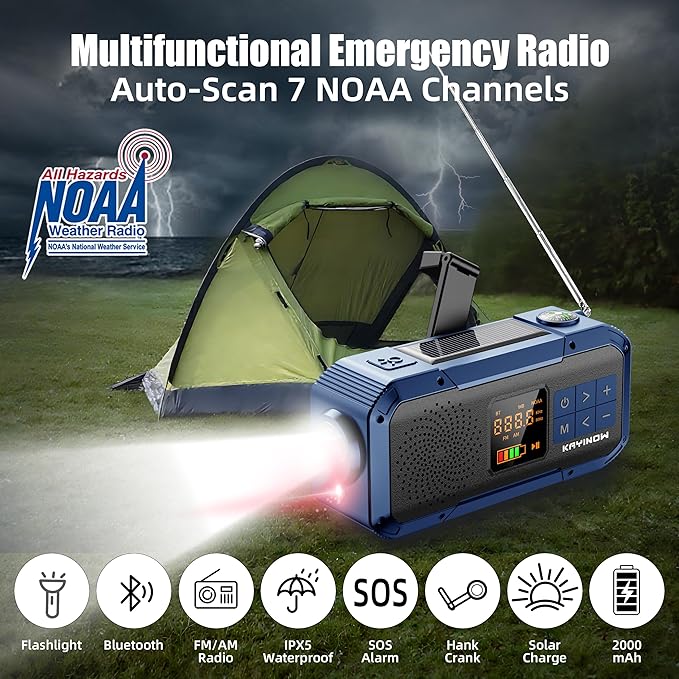 Portable Emergency Radio with AM FM NOAA,Bluetooth Speaker,2000mAh Rechargeable Battery,USB-C Hand Crank Solar Charging,Clear Sound Quality,Flashlight,SOS Alarm for Storm Power Outages Camping