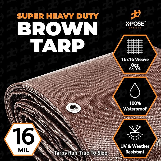 4' x 20' Super Heavy Duty 16 Mil Brown Poly Tarp Cover - Thick Waterproof, UV Resistant, Rip and Tear Proof Tarpaulin with Grommets and Reinforced Edges - by Xpose Safety