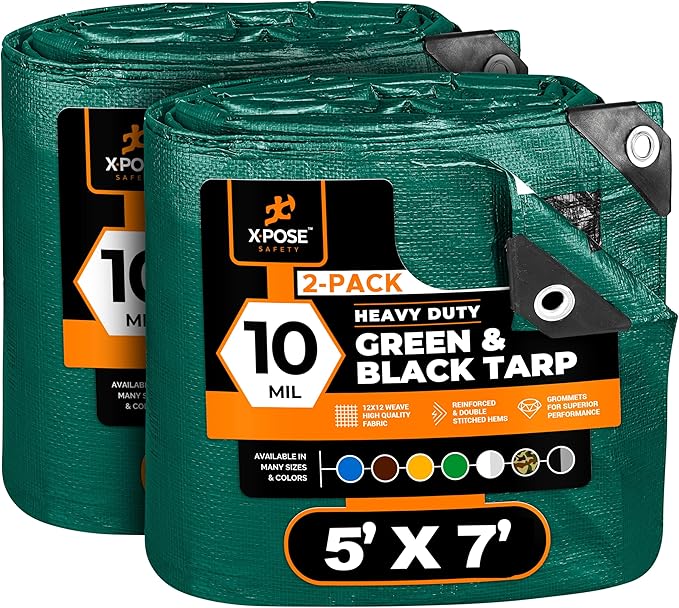 Heavy Duty Poly Tarp - 5' x 7' (2-Pack) - 10 Mil Thick Waterproof, UV Blocking Protective Cover - Reversible Green and Black - Laminated Coating - Grommets - by Xpose Safety
