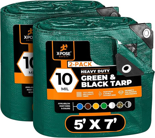 Heavy Duty Poly Tarp - 5' x 7' (2-Pack) - 10 Mil Thick Waterproof, UV Blocking Protective Cover - Reversible Green and Black - Laminated Coating - Grommets - by Xpose Safety
