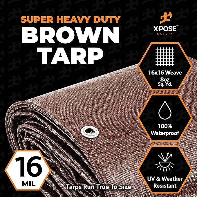Xpose Safety Super Heavy-Duty 6' x 8' Brown Poly Tarp (2-Pack) - 16 Mil Waterproof & UV Resistant, Rip-Proof with Reinforced Edges & Grommets