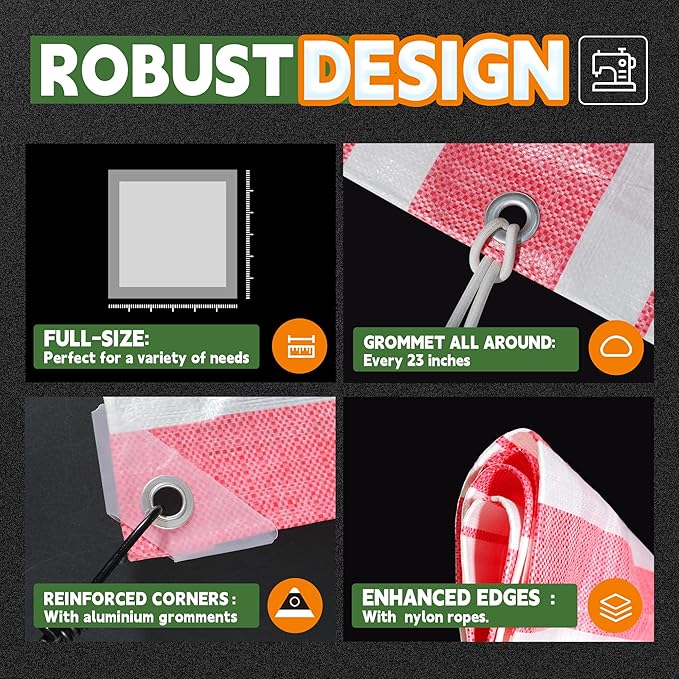 RAINDEWAY Tarps 10x12 Feet,12 Mil Sunshade Striped Tarp Waterproof,Multipurpose Poly Tarp Cover with Grommets and Reinforced Edges,Red/White Tarps