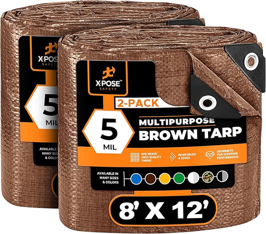 Multipurpose Protective Cover Brown Poly Tarp 8' x 12' (2-Pack) - Durable, Water Resistant, Weather Resistant - 5 Mil Thick Polyethylene - by Xpose Safety