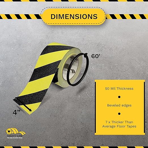 Mighty Line Anti-Slip Caution Floor Marking Tape for Safety, Warning, Heavy-Duty, Peel and Stick, Adhesive, Industrial Quality, 4" Yellow with Black Chevrons, 60' Roll