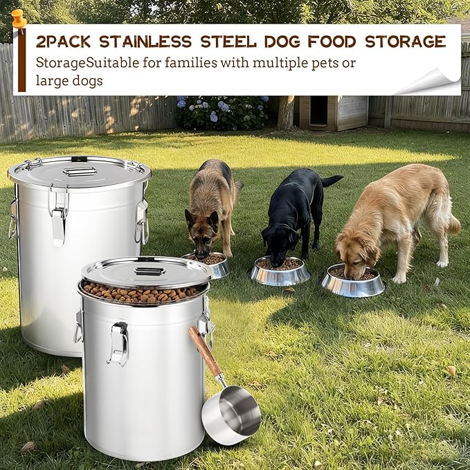 Lounsweer 2 Pack 7 Gal Stainless Steel Dog Food Storage Container with Lid and Locking Clamp 28 L Metal Airtight Container Large Stainless Steel Bucket with Food Scoop for Pet Feed (Classic)