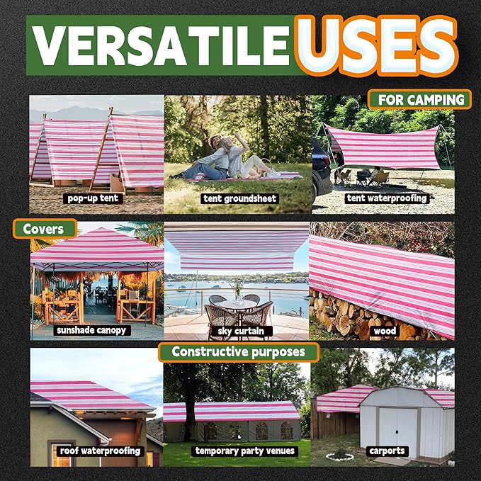 RAINDEWAY Tarps 12x12 Feet,12 Mil Sunshade Striped Tarp Waterproof,Multipurpose Poly Tarp Cover with Grommets and Reinforced Edges,Red/White Tarps