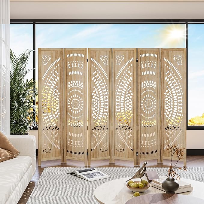 WelFurGeer Handcrafted Carved Wooden Room Divider Screen, Folding Privacy Screen for Room Separation, Decorative Room Dividers, 360° Adjustable Folding Panels for Privacy, Home, Office & Patio
