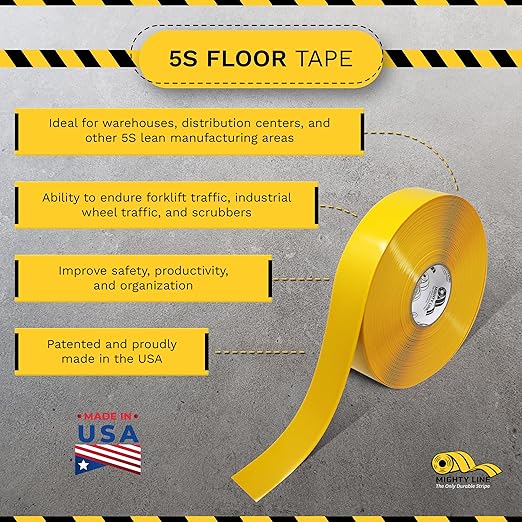 Mighty Line Solid Floor Marking Tape for Safety, Caution, Warning, Heavy-Duty, Peel and Stick Adhesive, Beveled Edge Design, Industrial Quality, 2 inch, 100' Roll, Yellow