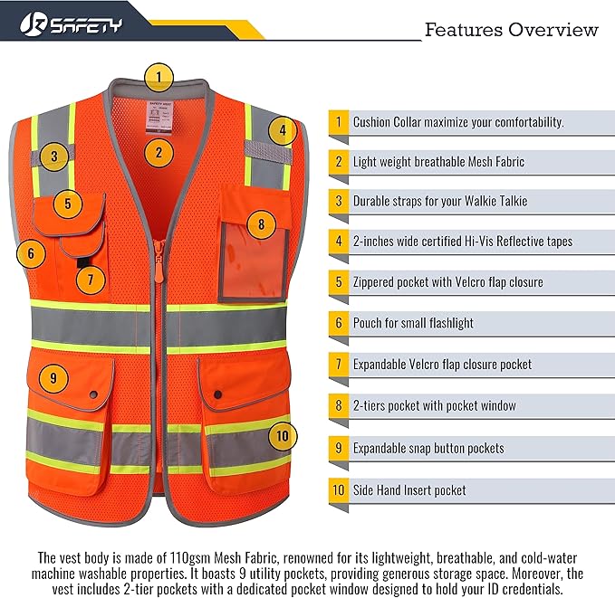 JKSafety 9 Pockets Hi-Vis Safety Vest Breathable Mesh Fabric Cushioned Collar Work Utility PPE Lightweight Industrial Work Gear ANSI/ISEA compliant (101-Orange M)