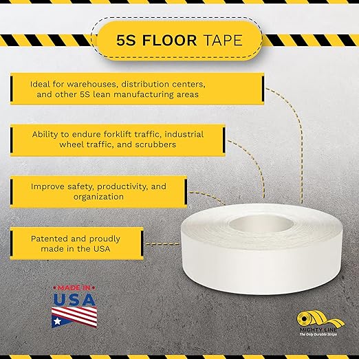 Mighty Line UltraLine Solid Floor Marking Tape for Safety, Caution, Warning, Heavy-Duty, Peel and Stick Adhesive, Beveled Edge Design, Industrial Quality, 2 Inch, 100' Roll, White