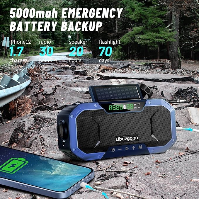 Emergency Radio Waterproof Bluetooth Speaker,Portable Digital AM FM Radio with 5000mAH Cell Phone Charger,Flashlight,Reading Lamp,Hand Crank NOAA Weather Radio with Solar Panel,Emergency Survival Kit