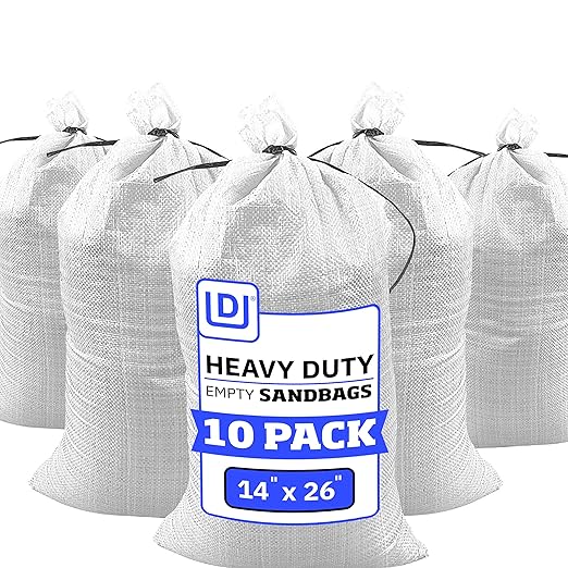DURASACK Heavy Duty Sand Bags with Tie Strings Empty Woven Polypropylene Sand-Bags for Flood Control with 1600 Hours of UV Protection, 50 lbs Capacity, 14x26 inches, White, Pack of 10