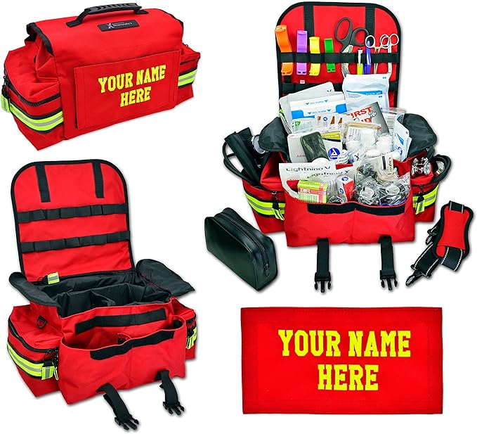 Lightning X Personalized First Responder EMT EMS Trauma Bag w/Stocked First Aid Fill Kit B & Custom Embroidered Name Patch (Red)