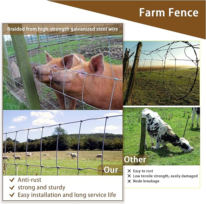 6ft x 100ft Thicker Heavy-Duty Livestock Fence, High-Zinc Galvanized Cattle Fence, Farm Wire Fencing for Hog, Goat, Deer & Horse