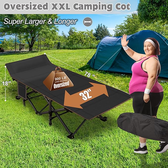 ABORON 2PK XXL Camping Cot for Adults 900LBS - 78"×32" Oversized Folding Bed with Mattress Pad, Heavy Duty 1200D Oxford Outdoor Cot with Carry Bag