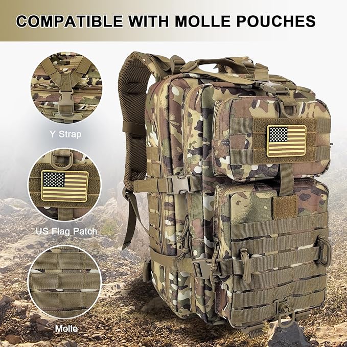 MOLLE Assault Backpack, Tactical Backpack Military Army Camping Rucksack, 3-Day Pack Trip w/USA Flag Patch, D-Rings, Cp