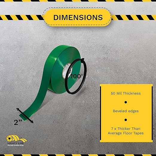 Mighty Line Solid Floor Marking Tape for Safety, Caution, Warning, Heavy-Duty, Peel and Stick Adhesive, Beveled Edge Design, Industrial Quality, 2 inch, 100' Roll, Green