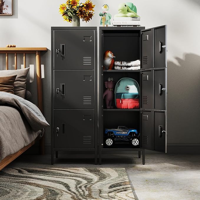METAN Metal Storage Employees Locker with 3 Lockable Doors,47''H*16''W*16''D Locking Storage Cabinets for Small Spaces,Home,School,Gym,Assembly Required,Black