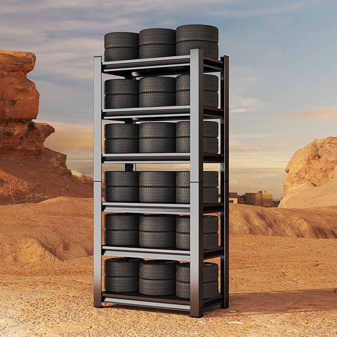 77'' Storage Shelves, Garage Metal Shelving Unit, Adjustable, Double-Layer Column with Reinforced Ribs, Heavy-Duty, Capable of Bearing 3600 lbs, Suitable for Garage, Warehouse, Kitchen Storage