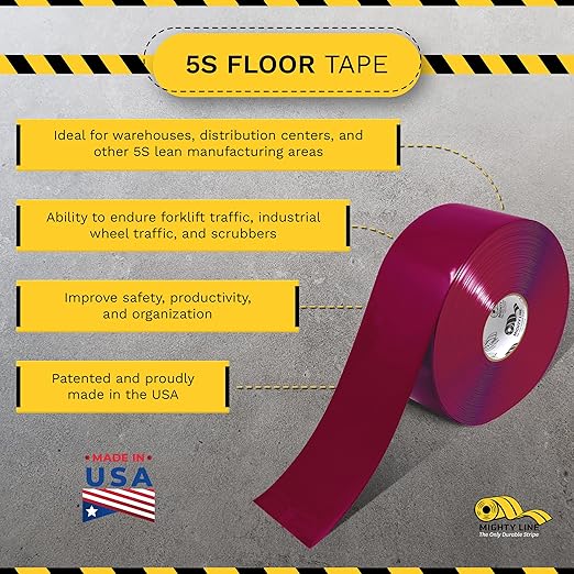 Mighty Line Solid Floor Marking Tape for Safety, Caution, Warning, Heavy-Duty, Peel and Stick Adhesive, Beveled Edge Design, Industrial Quality, 4 inch, 100' Roll, Purple