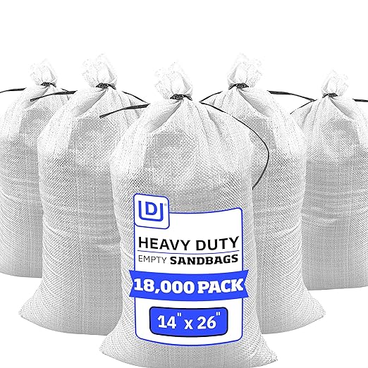 DURASACK Heavy Duty Sand Bags with Tie Strings Empty Woven Polypropylene Sandbags for Flood Control with 1600 Hours of UV Protection, 50 lbs Capacity, 14x26 inches, White, 18000 Count