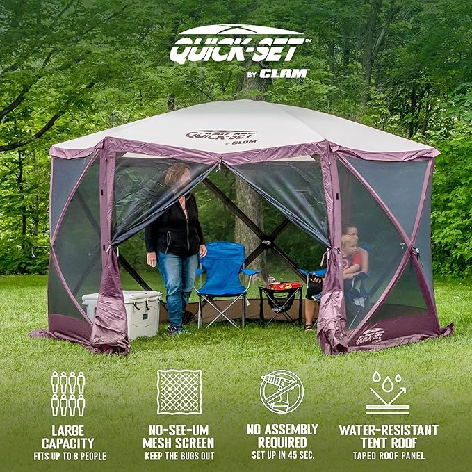 CLAM Pop-Up Screen Tent, 11.5' Outdoor Camping Gazebo, Portable 6-Sided Canopy with Ground Stakes & Carry Bag, Escape, Plum