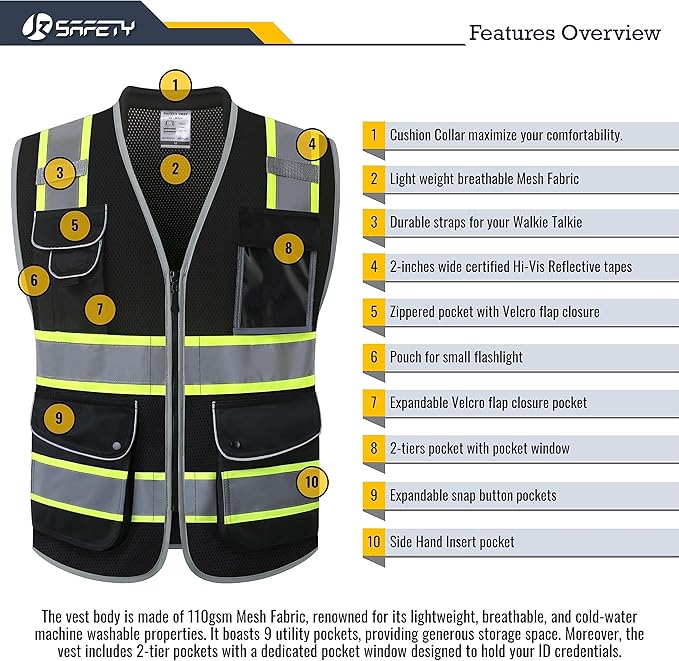 JKSafety 9 Pockets Hi-Vis Black Safety Vest for Men Women High Visibility Reflective Construction Mesh Fabric Cushioned Collar Work Utility PPE Work Gear ANSI/ISEA compliant (101-Black M)