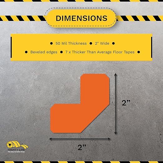 Mighty Line 2" Half Angle Marker Floor Marking Tape for Safety, Caution, Warning, Heavy-Duty, Peel and Stick, Adhesive, Industrial Quality, Orange, Pack of 100