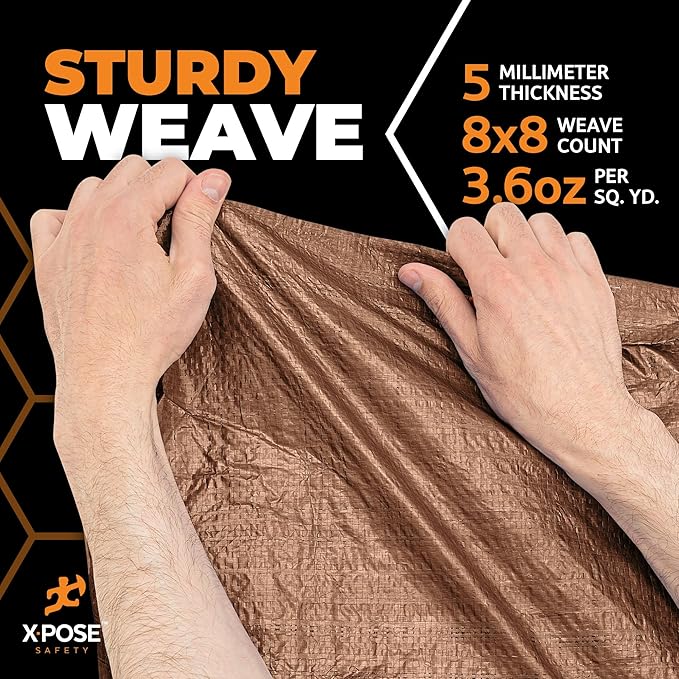Multipurpose Protective Cover Brown Poly Tarp 16' x 20' - Durable, Water Resistant, Weather Resistant - 5 Mil Thick Polyethylene - by Xpose Safety