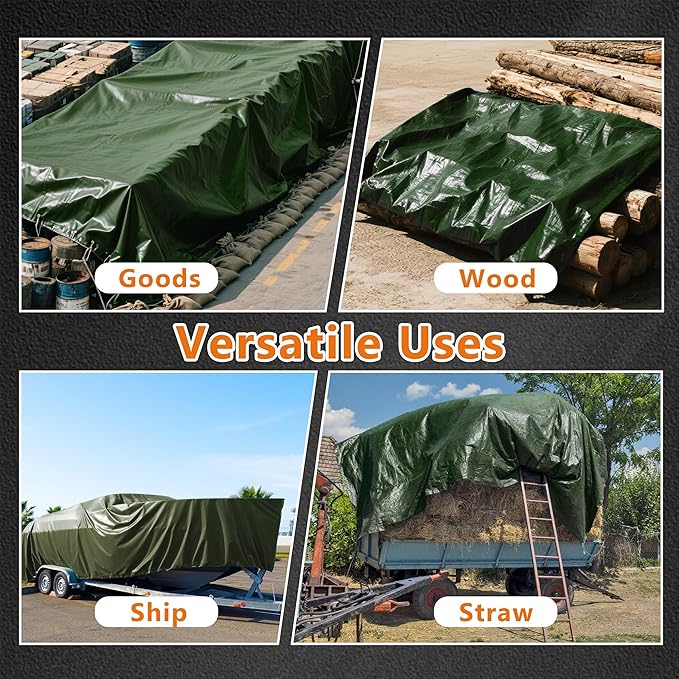 Heavy Duty Waterproof Tarps,Finished Size Tarps, Premium Tarp with Metal Grommets & Reinforced Edge, Multipurpose Thick Poly Tarp for Car, Boat, Roof, Camping - Green (9 Mil,12'x16')