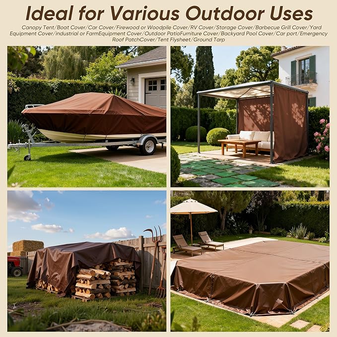 50x50 Ft Heavy Duty Waterproof Poly Tarp, Brown, 10 Mil Thickness, Metal Grommets, UV Resistant, Tear Resistant, Multipurpose Outdoor Cover
